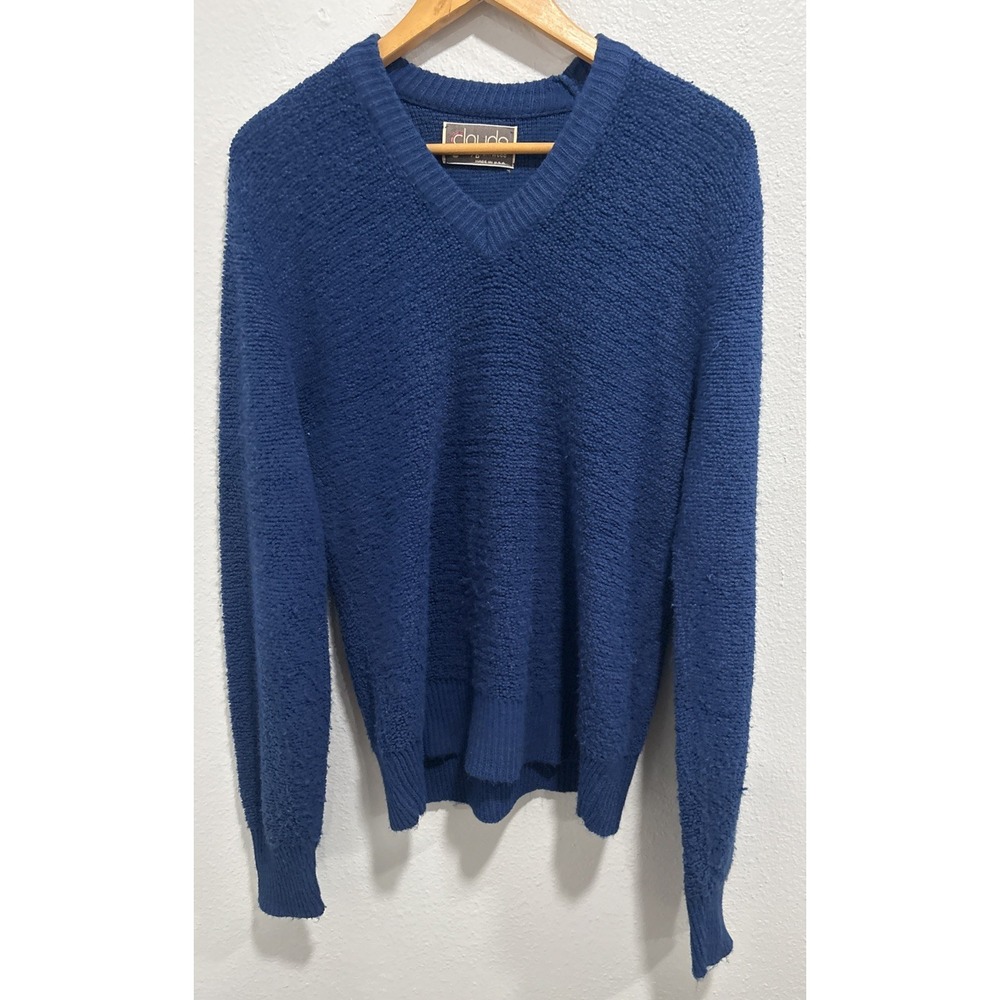 Vintage Men's XL Claude Brentwood Acrylic V-Neck Blue Sweater Retro USA Grandpa